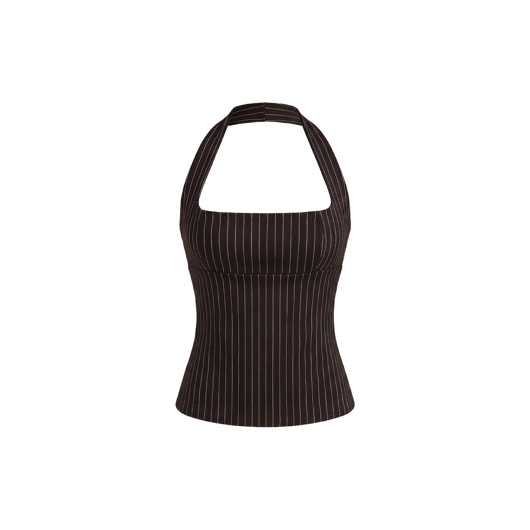 Elara Voss Structured Pinstripe Cocoa Top