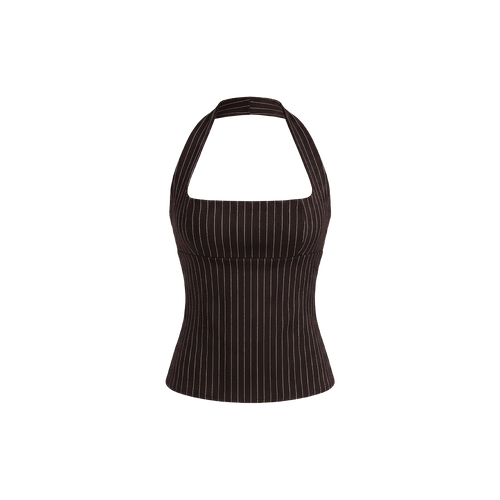 Elara Voss Structured Pinstripe Cocoa Top