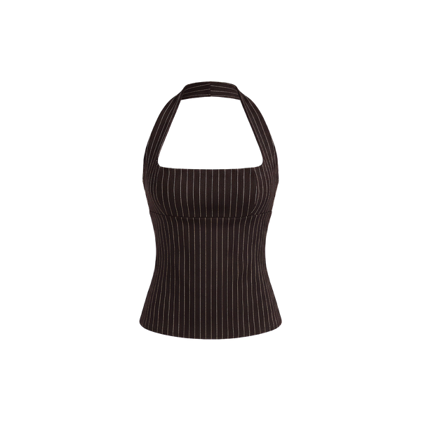 Elara Voss Structured Pinstripe Cocoa Top