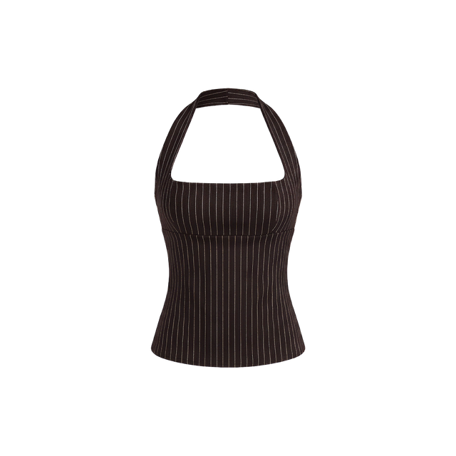 Elara Voss Structured Pinstripe Cocoa Top