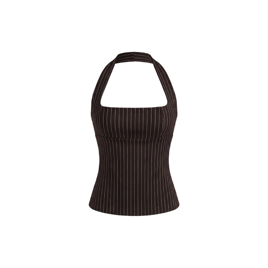Elara Voss Structured Pinstripe Cocoa Top