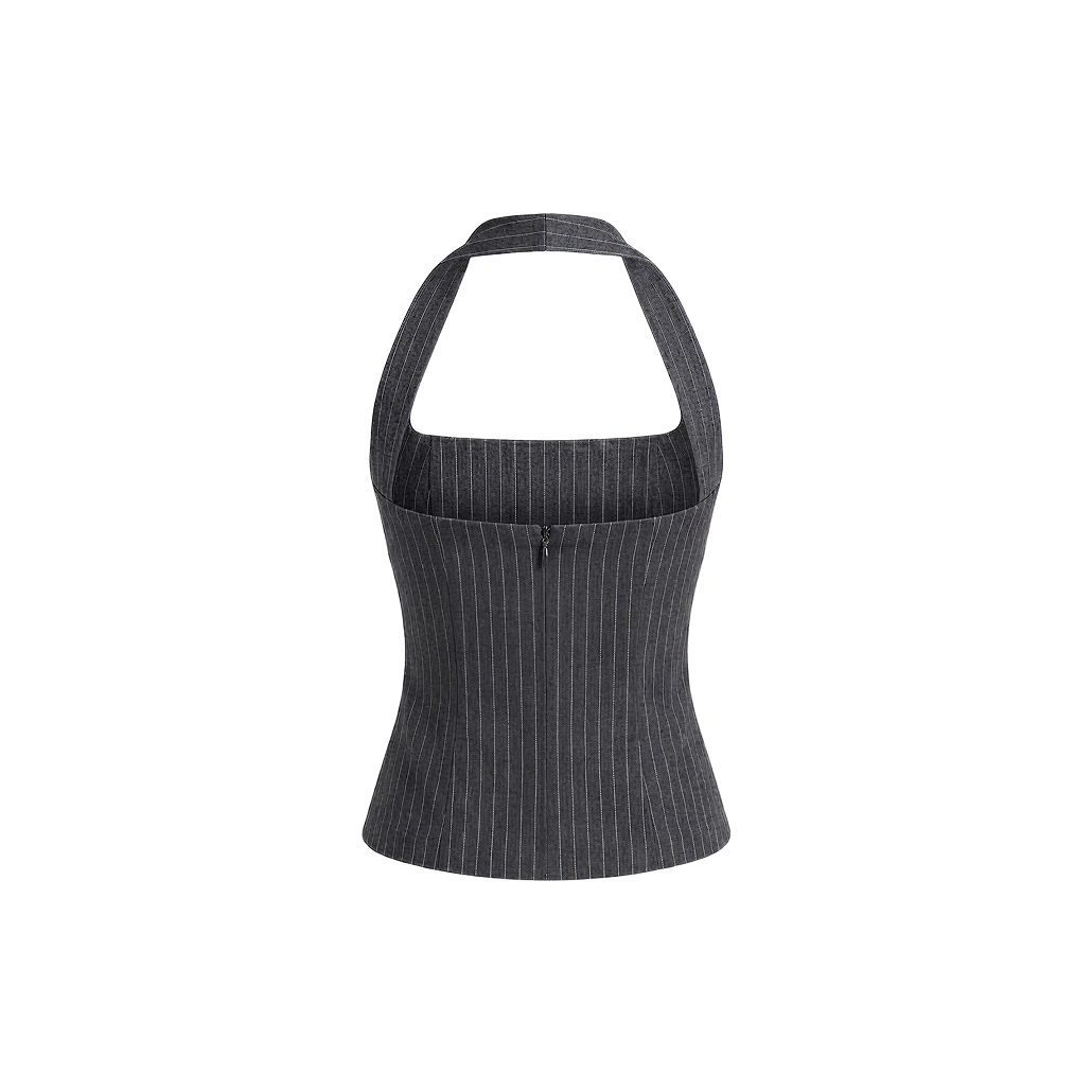 Elara Voss Structured Pinstripe Gray Top