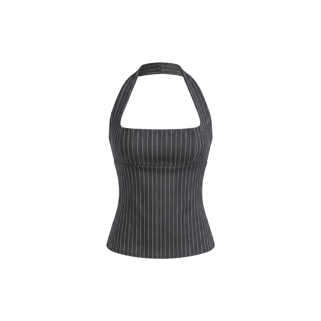 Elara Voss Structured Pinstripe Gray Top