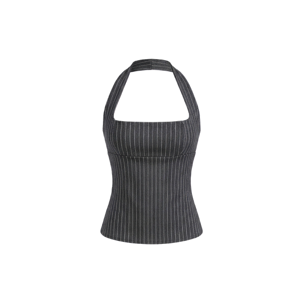 Elara Voss Structured Pinstripe Gray Top