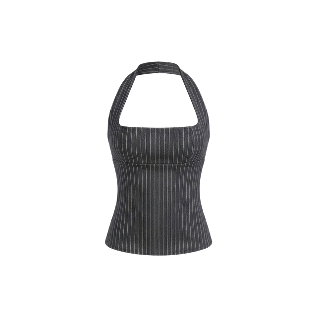 Elara Voss Structured Pinstripe Gray Top