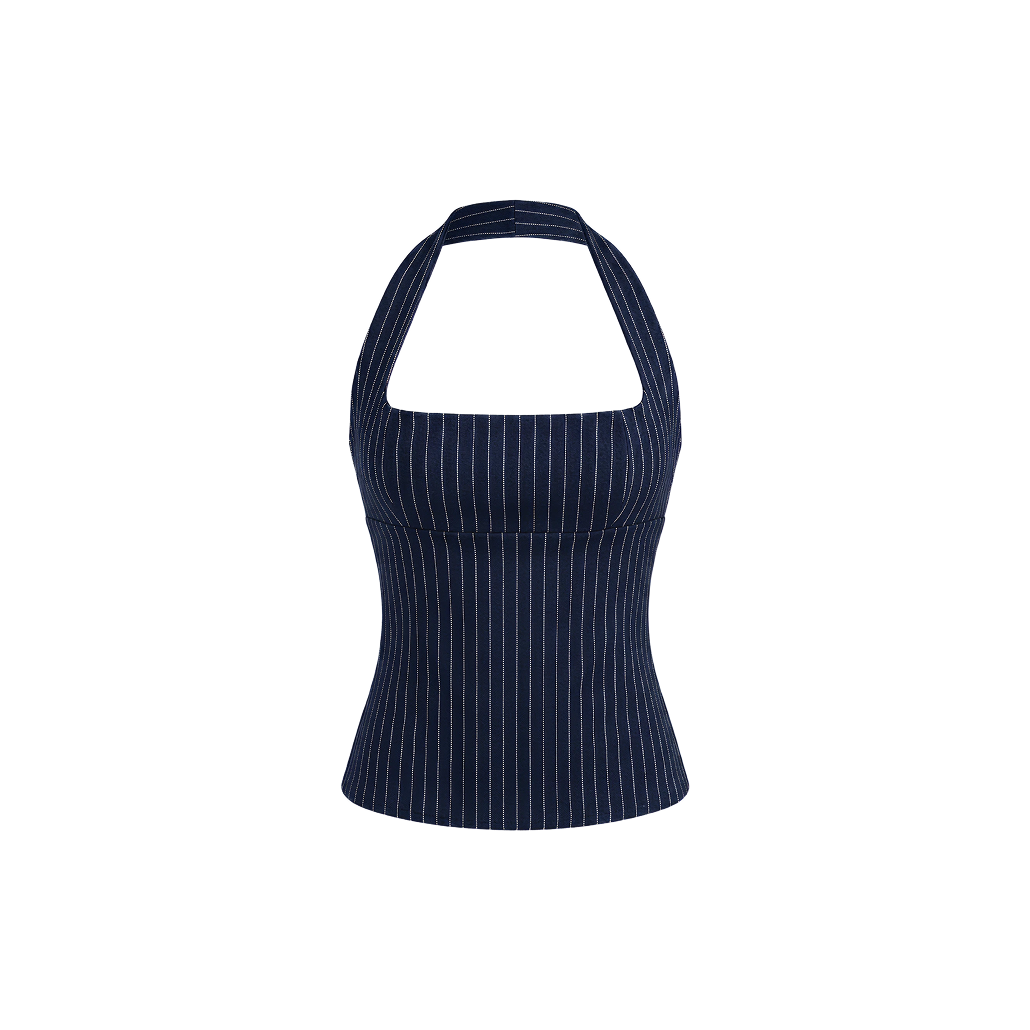 Elara Voss Structured Pinstripe Midnight Top