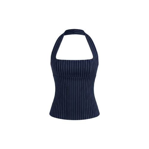 Elara Voss Structured Pinstripe Midnight Top