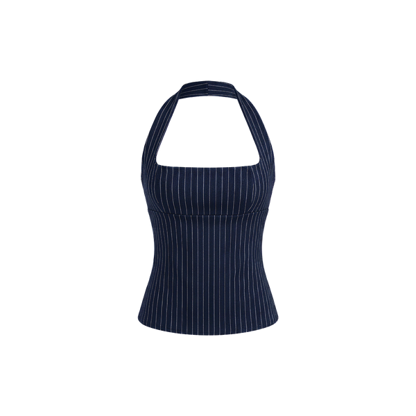 Elara Voss Structured Pinstripe Midnight Top