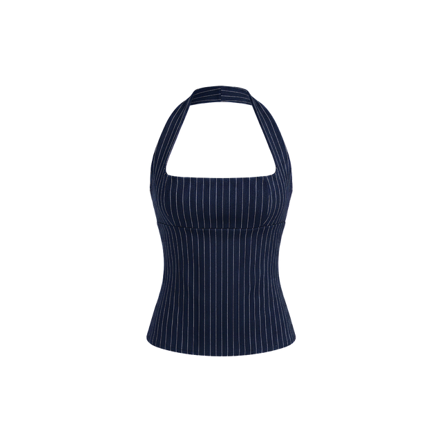 Elara Voss Structured Pinstripe Midnight Top