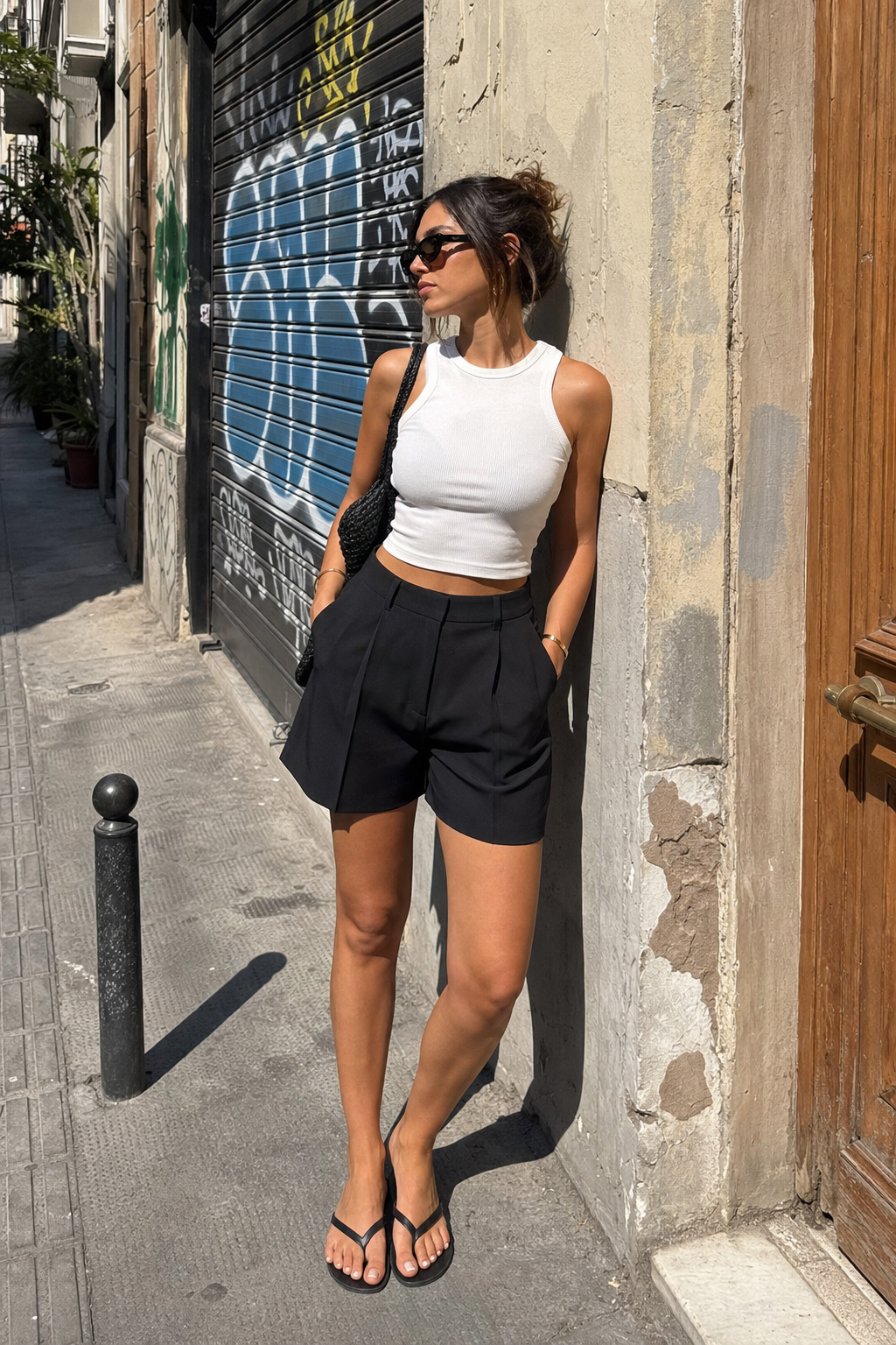 Elara Voss Black Pleated Tailored Shorts on model 2