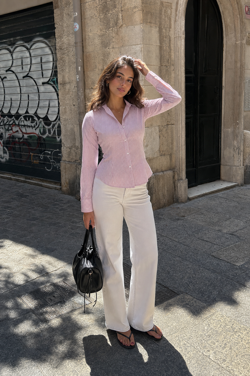 Elara Voss Classic Blush Pinstripe Shirt on model 1