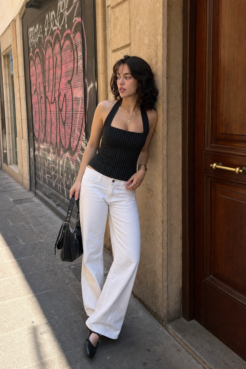 Elara Voss Structured Pinstripe Black Top on model 2