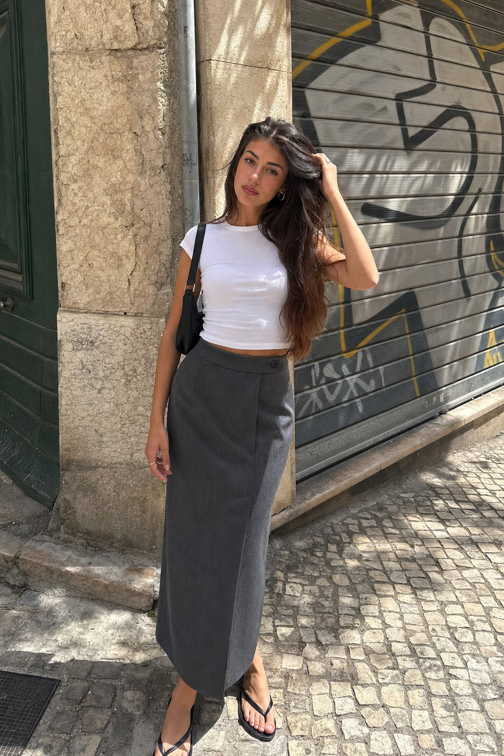 Elara Voss Tailored Column Gray Skirt on model 1
