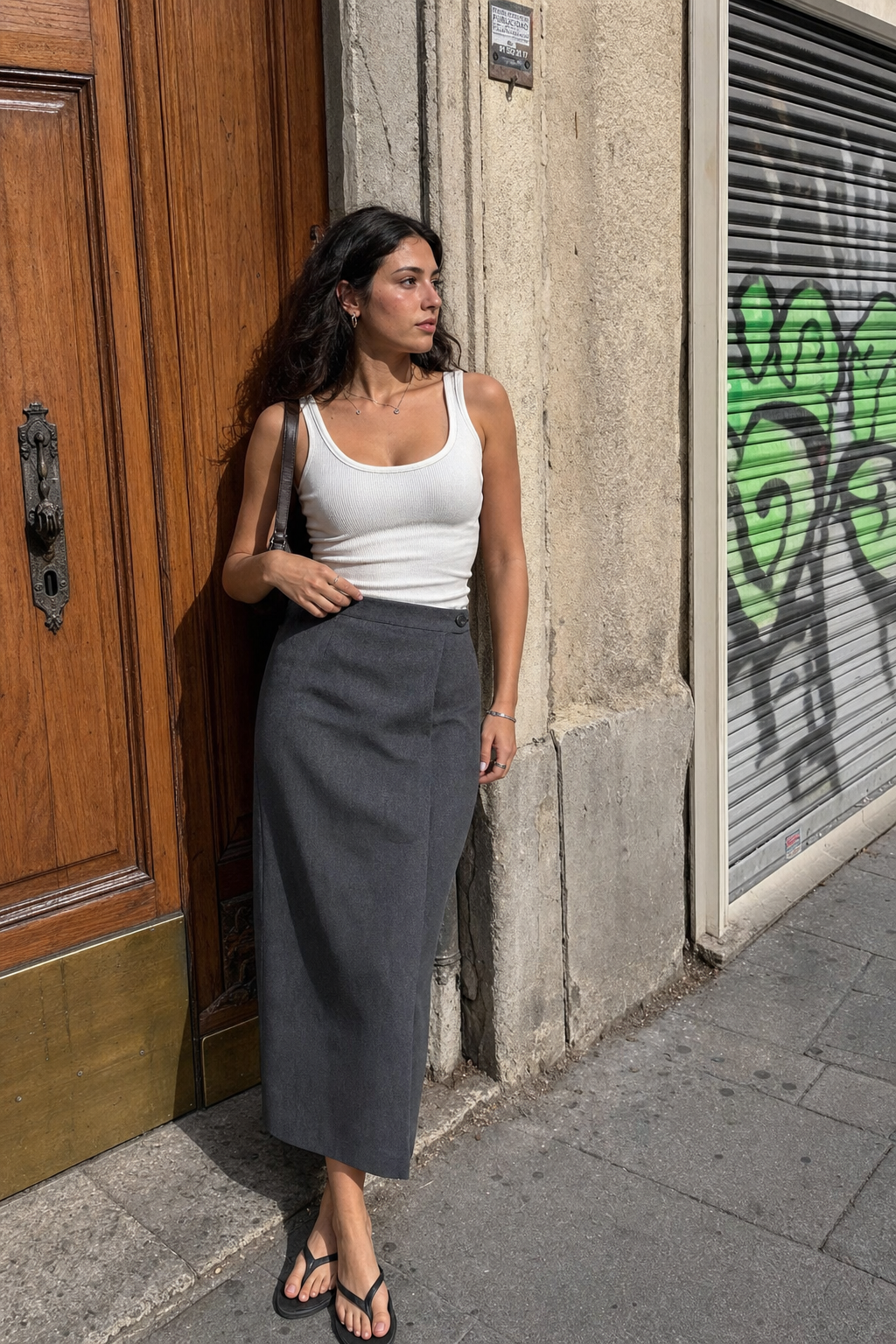 Elara Voss Tailored Column Gray Skirt on model 2