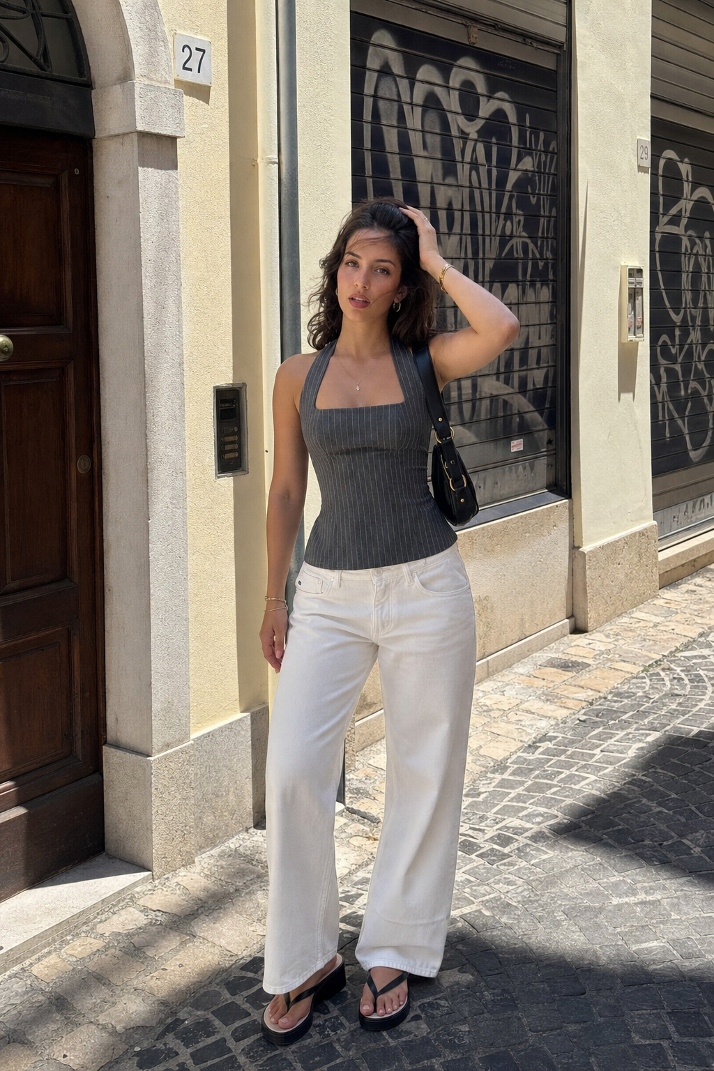 Elara Voss Structured Pinstripe Gray Top on model 1