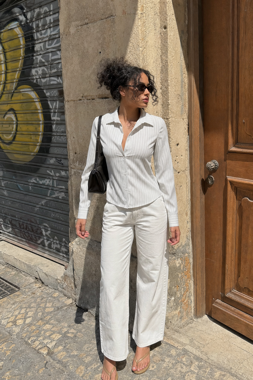 Elara Voss Classic White Pinstripe Shirt on model 2
