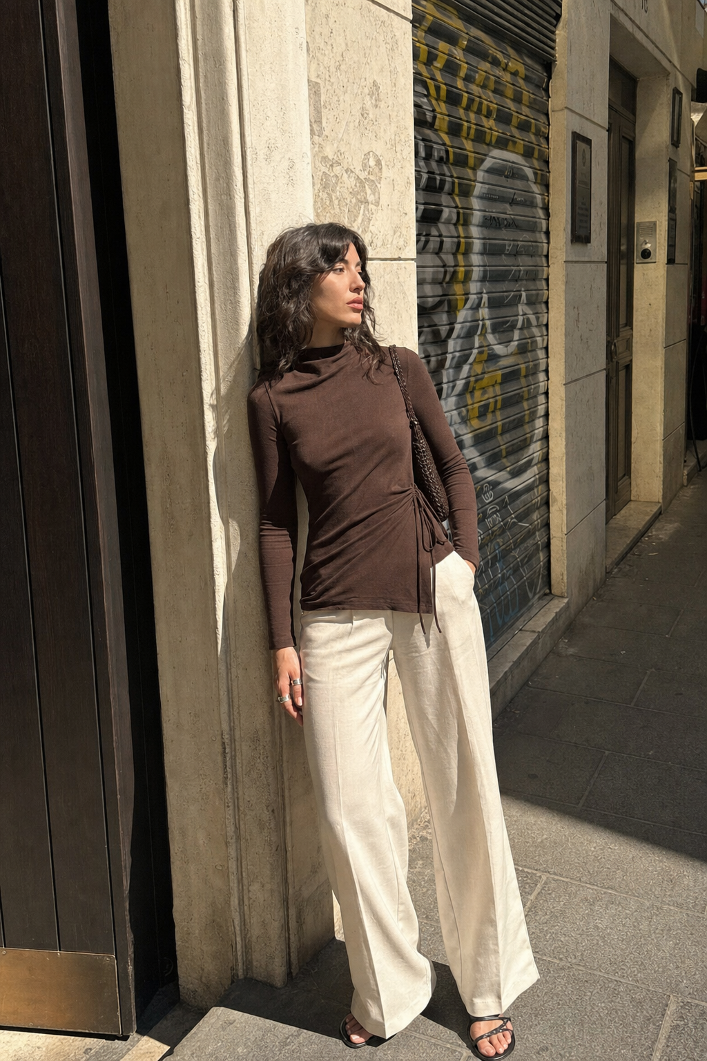 Elara Voss Obsidian Drape Cocoa Top on model 2