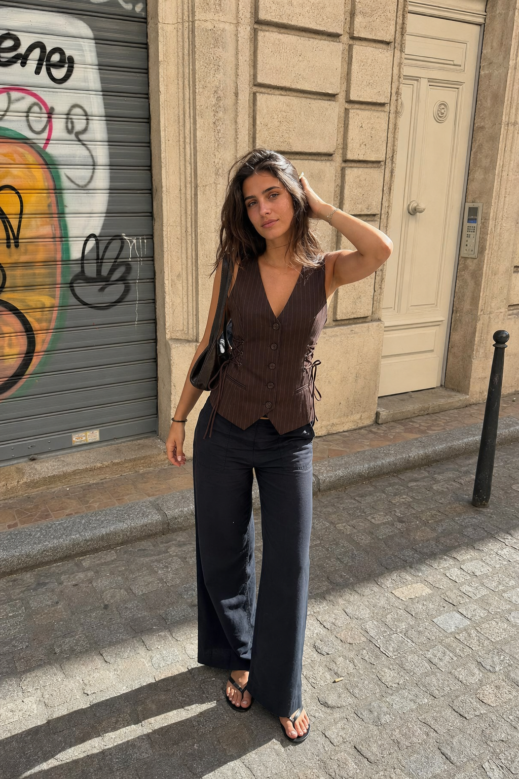 Elara Voss Cinched Cocoa Waistcoat on model 1