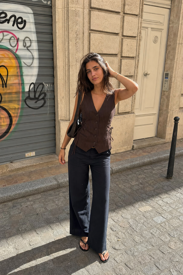 Elara Voss Cinched Cocoa Waistcoat on model 1