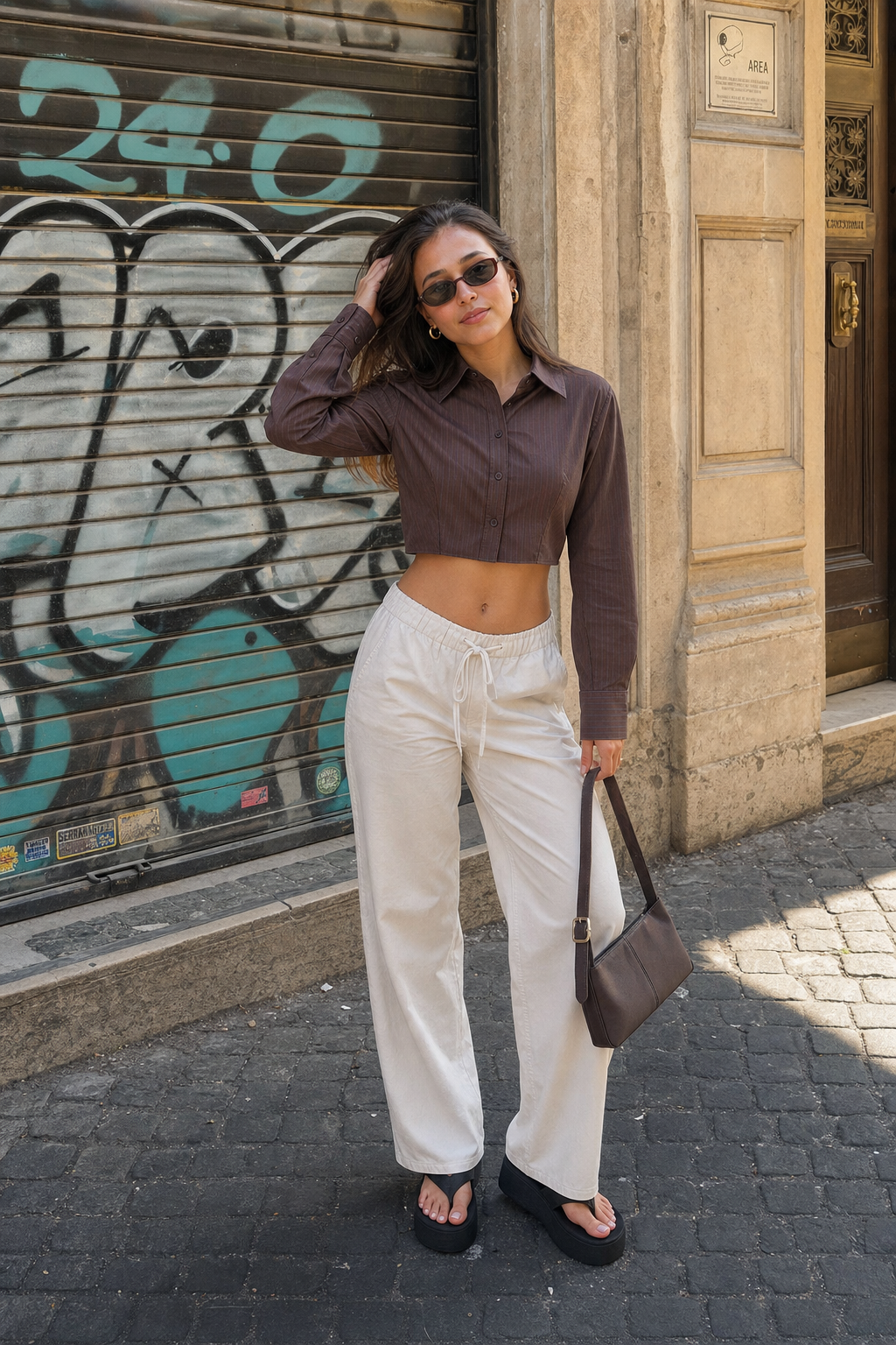 Elara Voss Cocoa Precision Crop Shirt on model 1