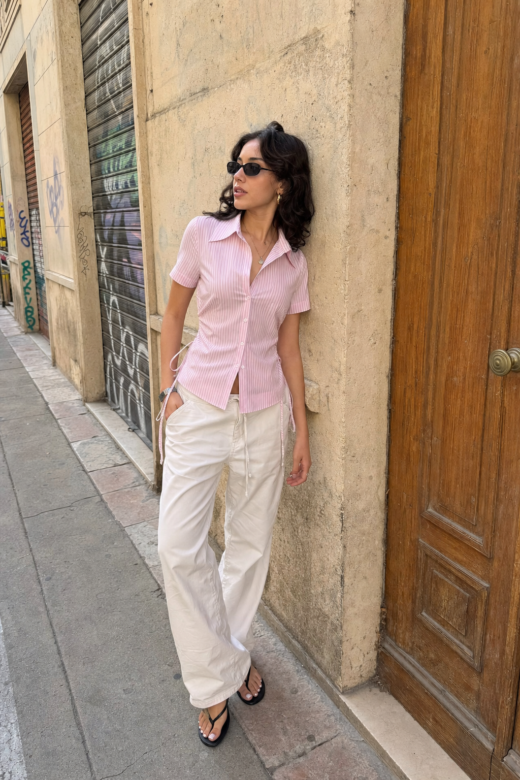 Elara Voss Blush Cinch Shirt on model 2